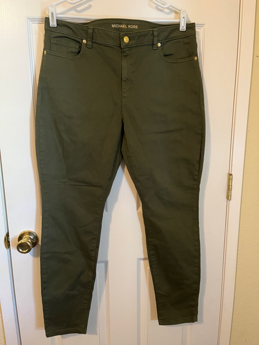 Michael Kors Dark Olive Izzy Skinny Pants with Gold Hardware